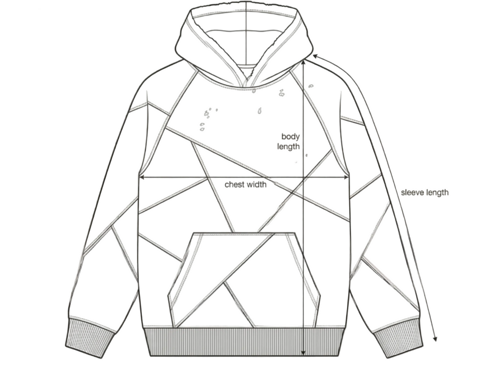 PANELS HOODIE size chart diagram